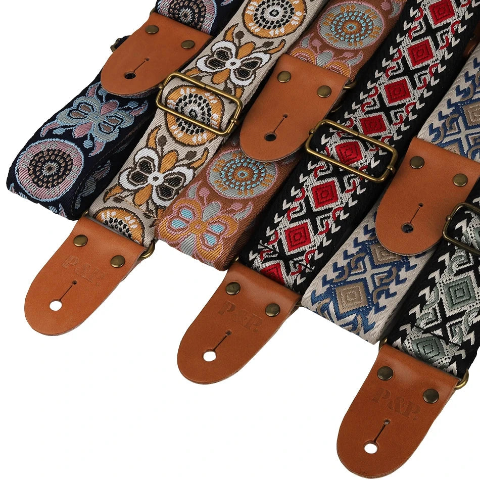 Big River Hardware Adjustable Embroidered Guitar Strap with Leather Ends for Bass, Electric, and Acoustic Guitars - Vintage Design for Ultimate Comfort and Durability