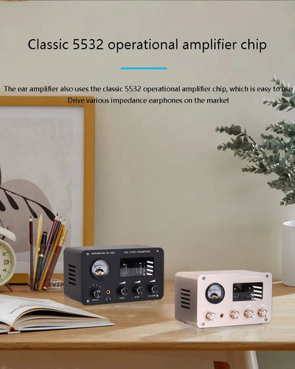 Tube Preamplifier 4 In 2 Out HIFI Preamplifier 6H3N Tube 5332 Op-amp Chip High Power Headphone Amplifier High Bass Adjustable