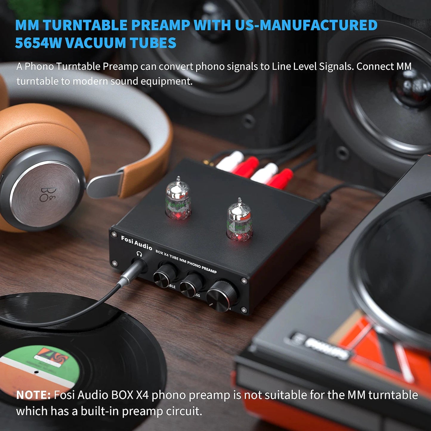 Fosi Audio Phono Preamp for Turntable Phonograph Preamplifier With Vacuum Tube Amplifier HiFi BOX X4