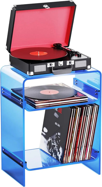 Modern blue acrylic record player stand with turntable and vinyl storage.