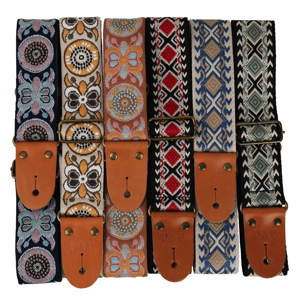 Big River Hardware Adjustable Embroidered Guitar Strap with Leather Ends for Bass, Electric, and Acoustic Guitars - Vintage Design for Ultimate Comfort and Durability
