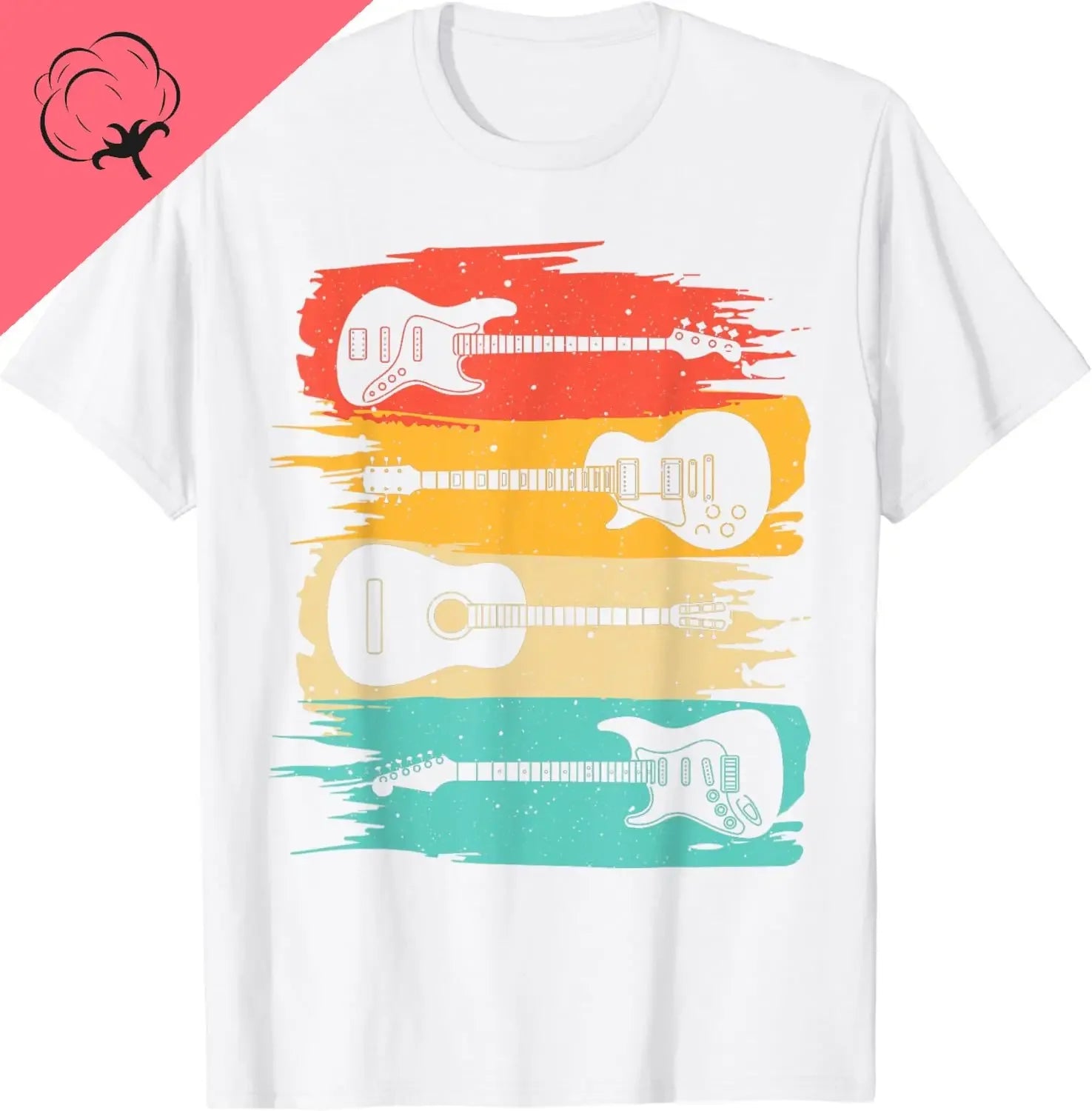The guitar t shirt mens features three guitars—two electric, one acoustic—set over red, yellow, and teal paint stripes. A cotton icon sits in the top left corner of this stylish white music tee for men.