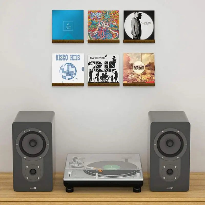 Minimalist record shelf holding a collection of vinyl albums.