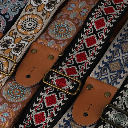 Big River Hardware Adjustable Embroidered Guitar Strap with Leather Ends for Bass, Electric, and Acoustic Guitars - Vintage Design for Ultimate Comfort and Durability