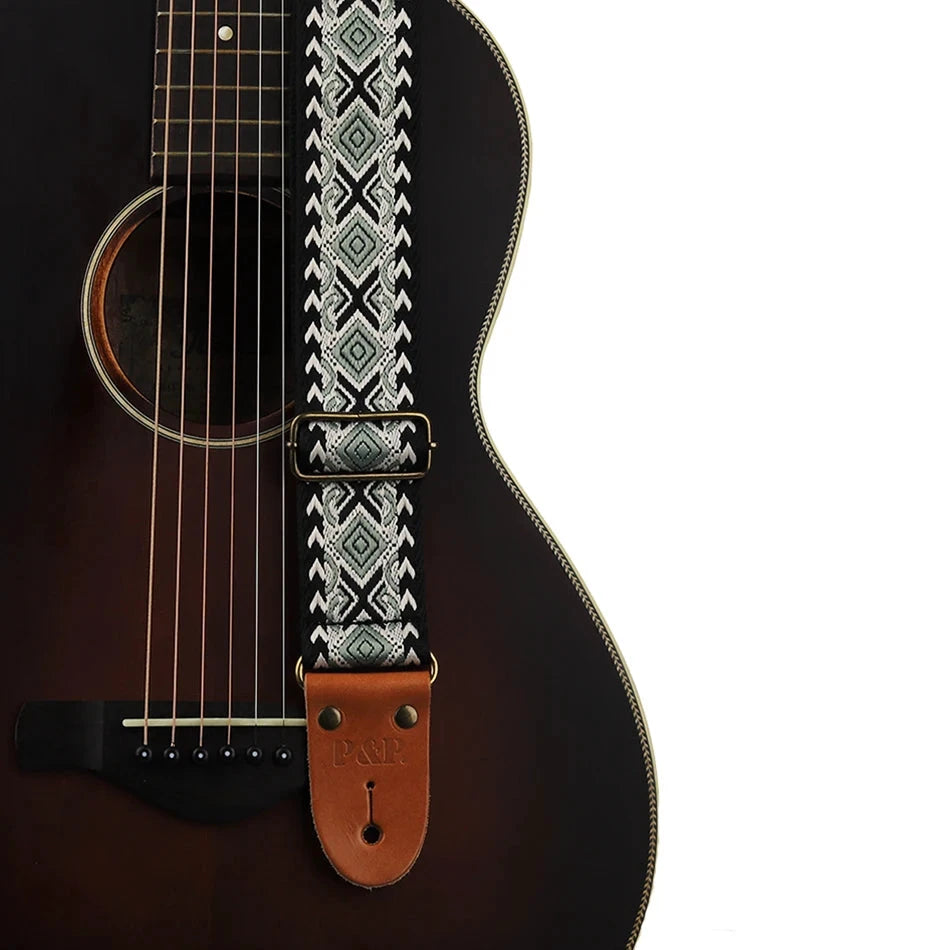 Big River Hardware Adjustable Embroidered Guitar Strap with Leather Ends for Bass, Electric, and Acoustic Guitars - Vintage Design for Ultimate Comfort and Durability