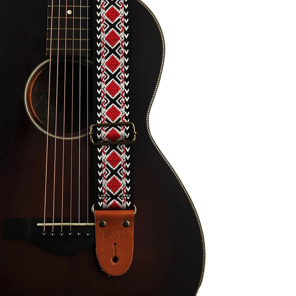 Big River Hardware Adjustable Embroidered Guitar Strap with Leather Ends for Bass, Electric, and Acoustic Guitars - Vintage Design for Ultimate Comfort and Durability