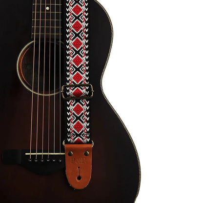 Big River Hardware Adjustable Embroidered Guitar Strap with Leather Ends for Bass, Electric, and Acoustic Guitars - Vintage Design for Ultimate Comfort and Durability