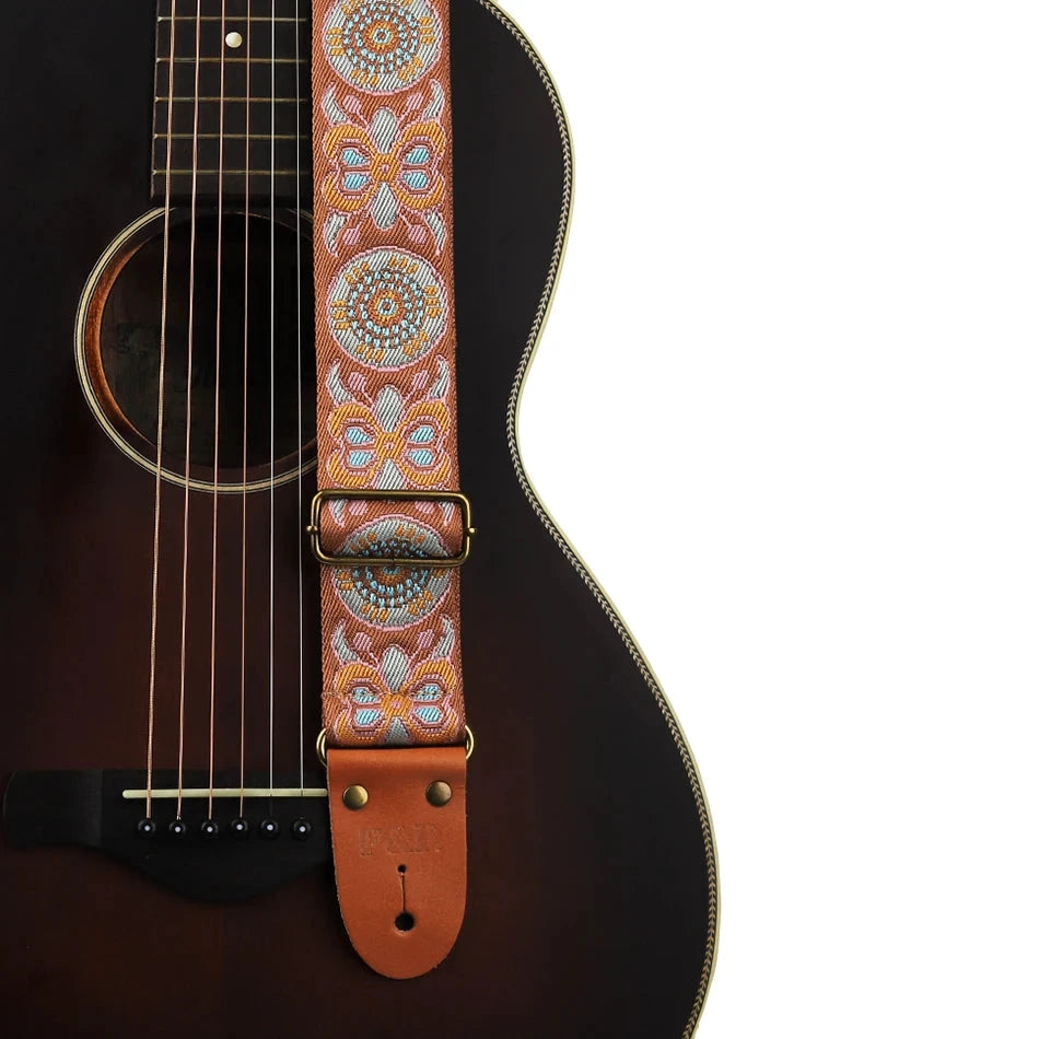 Big River Hardware Adjustable Embroidered Guitar Strap with Leather Ends for Bass, Electric, and Acoustic Guitars - Vintage Design for Ultimate Comfort and Durability