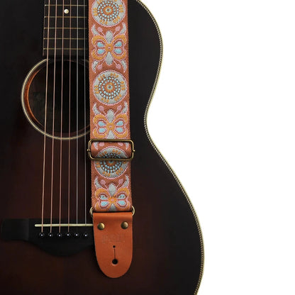 Big River Hardware Adjustable Embroidered Guitar Strap with Leather Ends for Bass, Electric, and Acoustic Guitars - Vintage Design for Ultimate Comfort and Durability