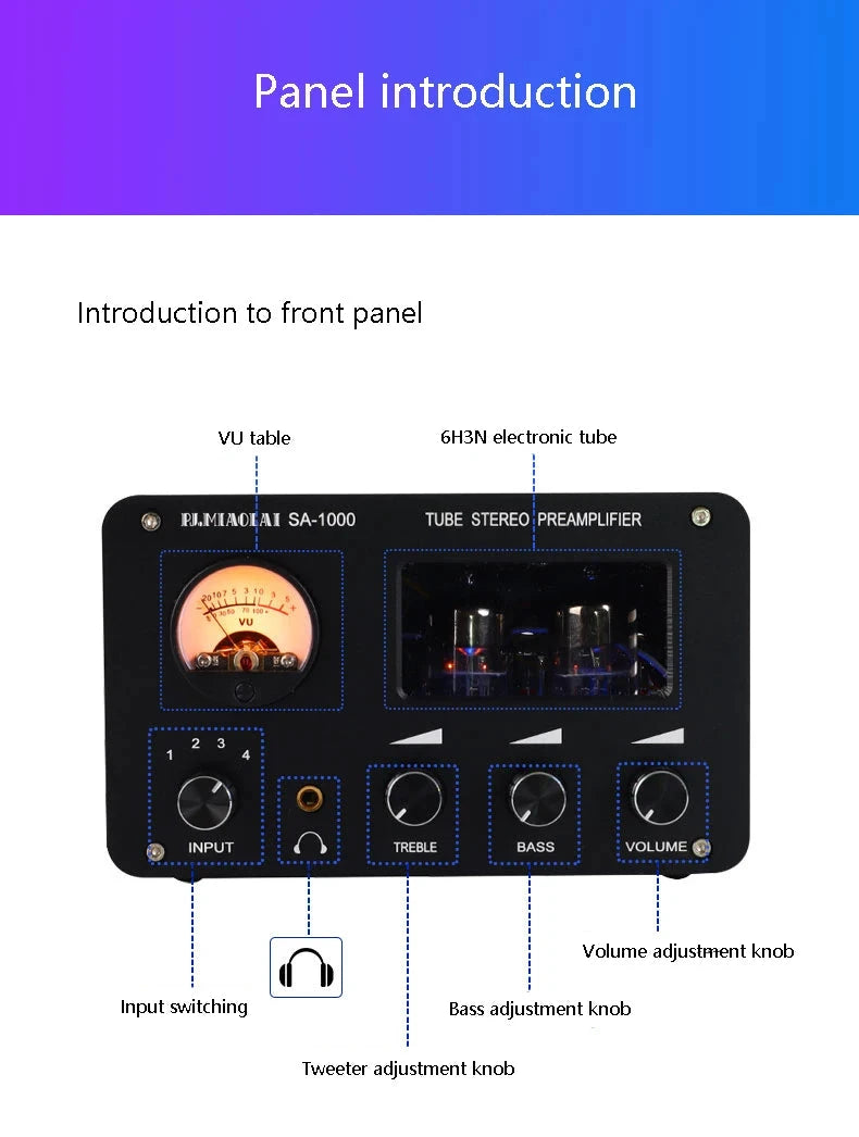 Tube Preamplifier 4 In 2 Out HIFI Preamplifier 6H3N Tube 5332 Op-amp Chip High Power Headphone Amplifier High Bass Adjustable