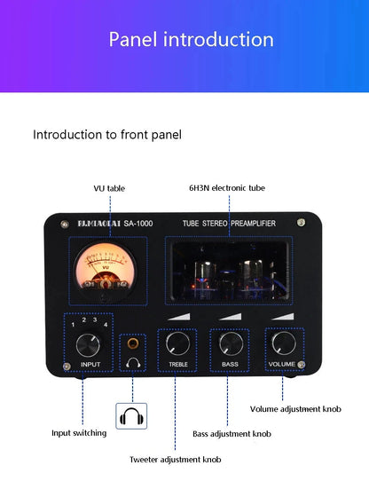 Tube Preamplifier 4 In 2 Out HIFI Preamplifier 6H3N Tube 5332 Op-amp Chip High Power Headphone Amplifier High Bass Adjustable