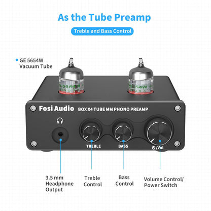 Fosi Audio Phono Preamp for Turntable Phonograph Preamplifier With Vacuum Tube Amplifier HiFi BOX X4
