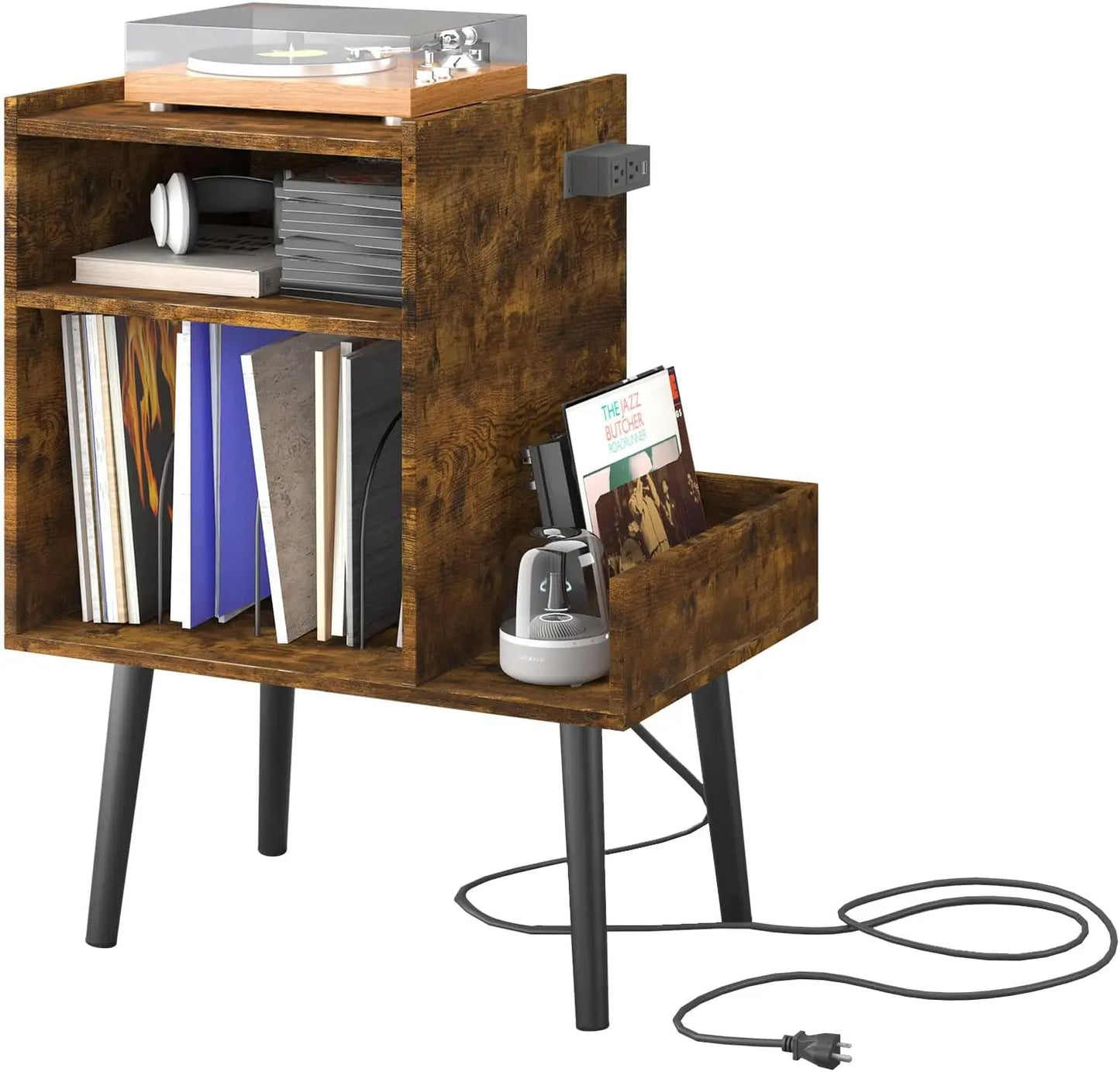 Wooden vinyl record player stand with built-in power outlets and storage shelves.