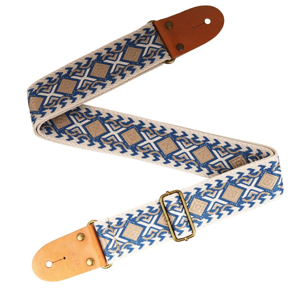 Big River Hardware Adjustable Embroidered Guitar Strap with Leather Ends for Bass, Electric, and Acoustic Guitars - Vintage Design for Ultimate Comfort and Durability
