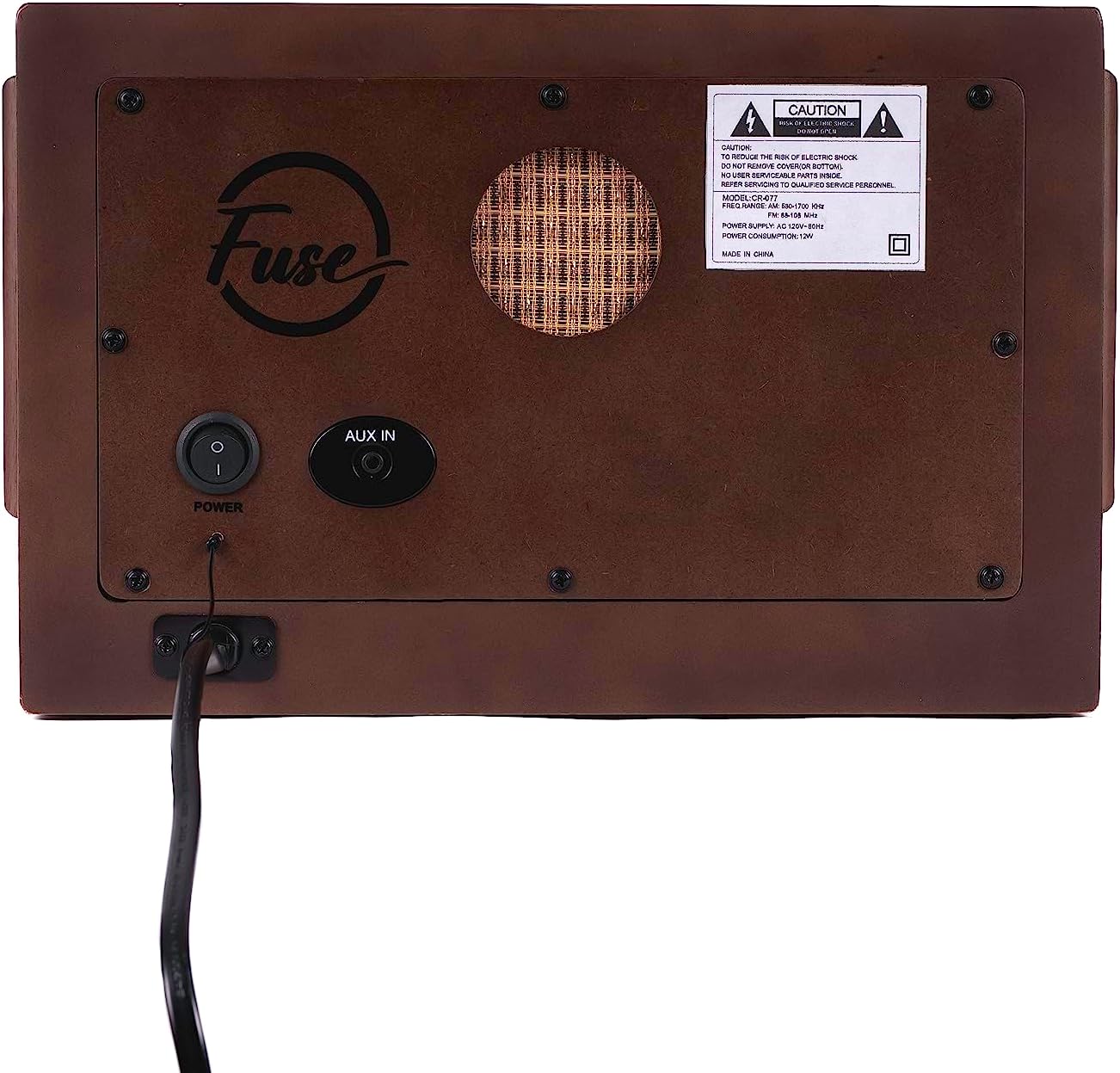 Back panel of a device with 'Fuse' branding and control buttons on a white background