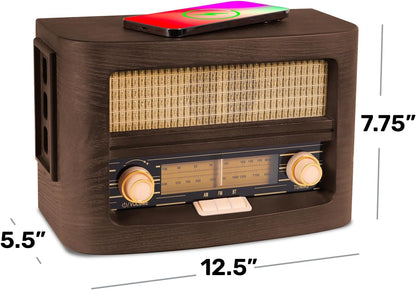 Vintage-style radio with wooden casing and dimensions displayed