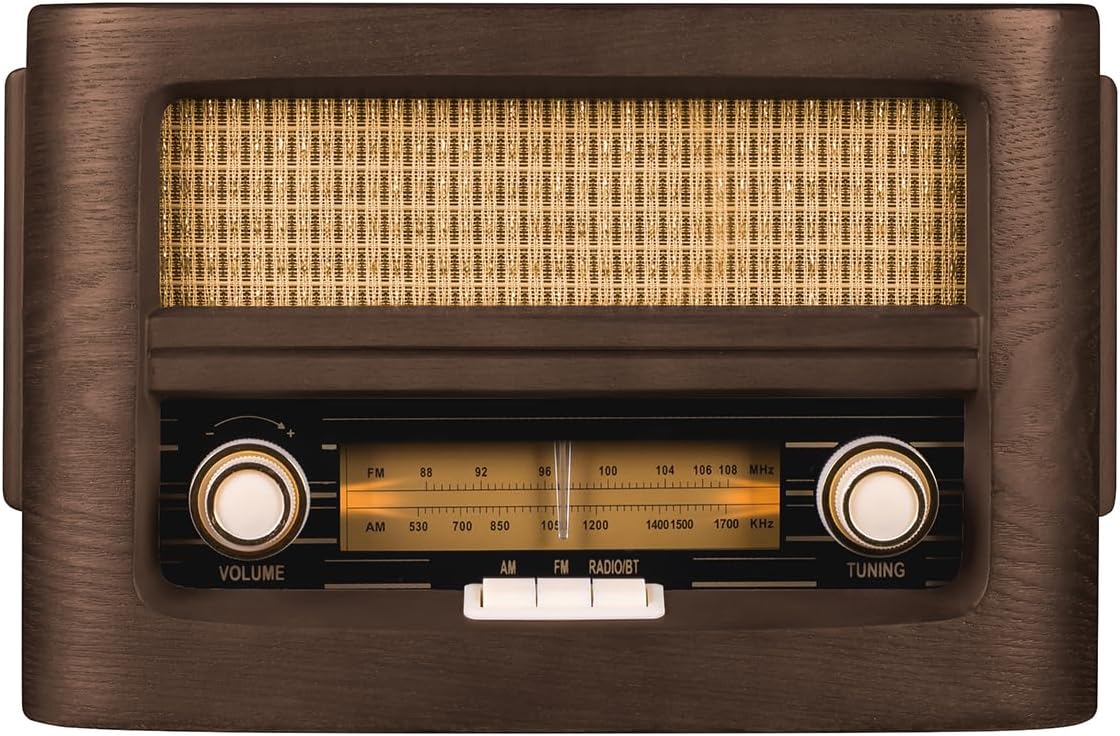 Vintage-style radio with wooden casing and metallic components on a white background