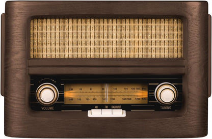 Vintage-style radio with wooden casing and metallic components on a white background