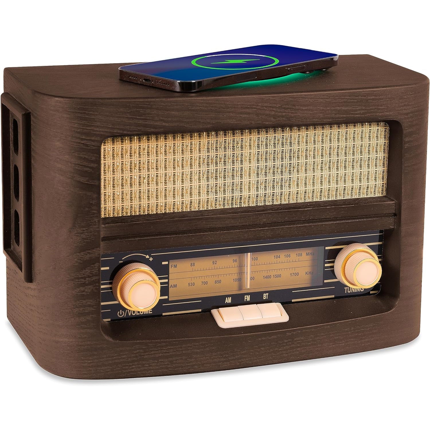 Vintage-style radio with wireless charging pad on a white background