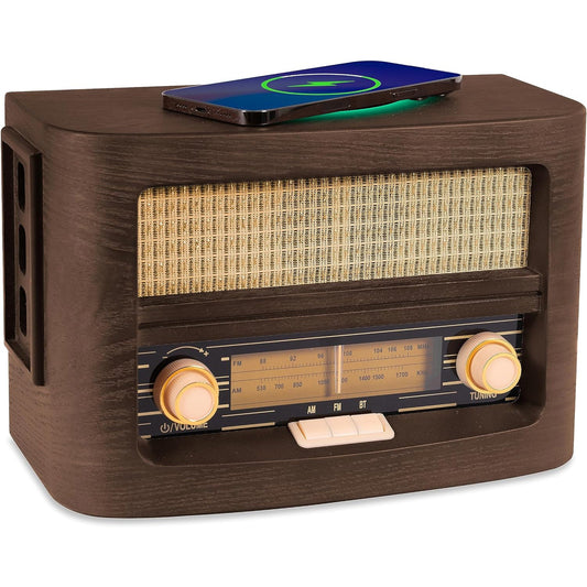 Vintage-style radio with wireless charging pad on a white background