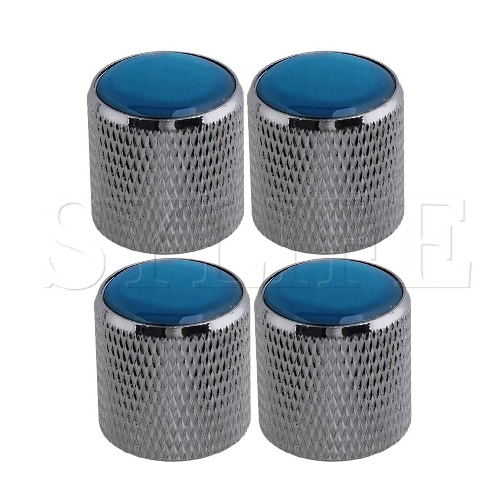 4X Silver Domed Volume Tone Control Steel Knob Electric Guitar Bass w/ Blue Top guitar knobs Big River Hardware 
